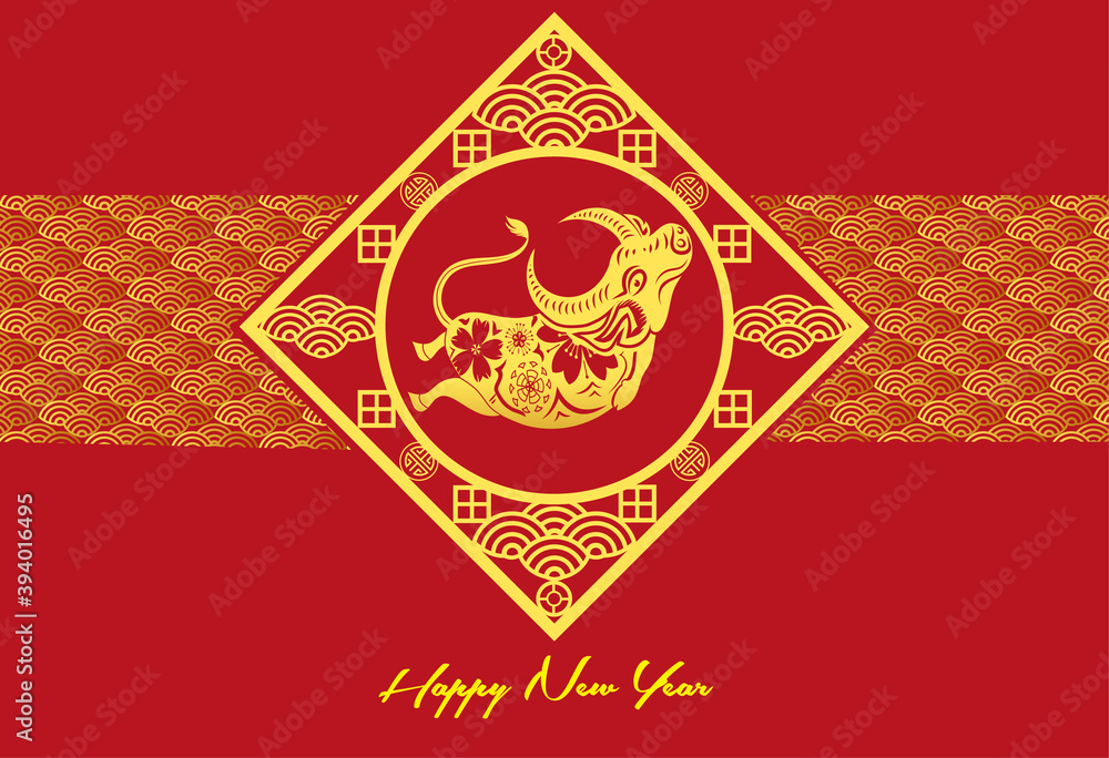 Happy chinese new year 2021 Ox Zodiac sign, with gold paper cut art and craft style on color background for greeting card, flyers, poster Happy chinese new year 2021 Ox Zodiac sign, with gold paper cut art and craft style on color background for greeting card, flyers, poster