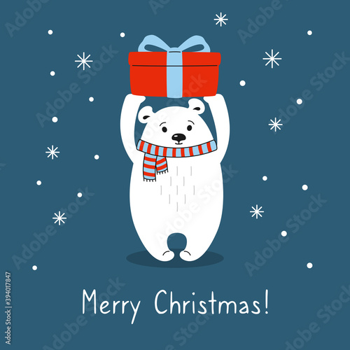 Greeting Christmas card. Cartoon polar bear with gift box. New Year animal mammal. Hand drawn doodle cute bear. Funny charcter winter vector celebrate