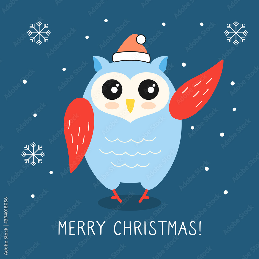 Greeting card Christmas owl. New year bird in Santa Claus hat, with snow. Hand drawn cartoon character. Merry Christmas and happy New Year. Vector on dark background Greeting card Christmas owl. New year bird in Santa Claus hat, with snow. Hand drawn cartoon character. Merry Christmas and happy New Year. Vector on dark background