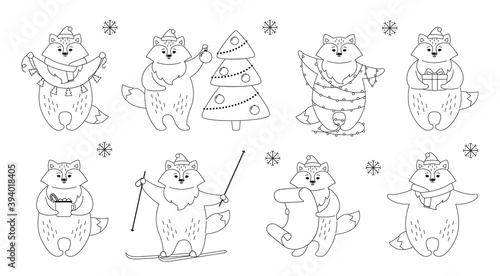 Christmas fox cartoon black linear set. New Year cute red foxes with santa hat, with gift box, skis and santa bag or tree garland. Funny animal character winter celebrate on white background