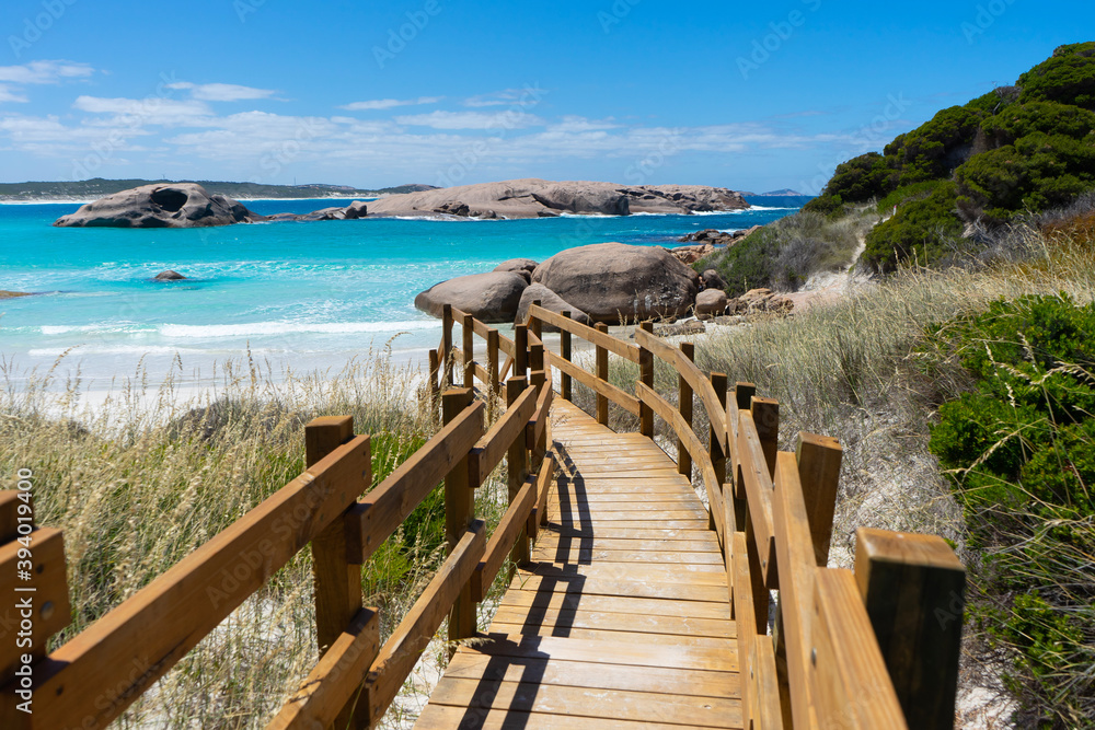 Photo of a wooden walkway leading to a beach, Lucky Bay, Western Australia