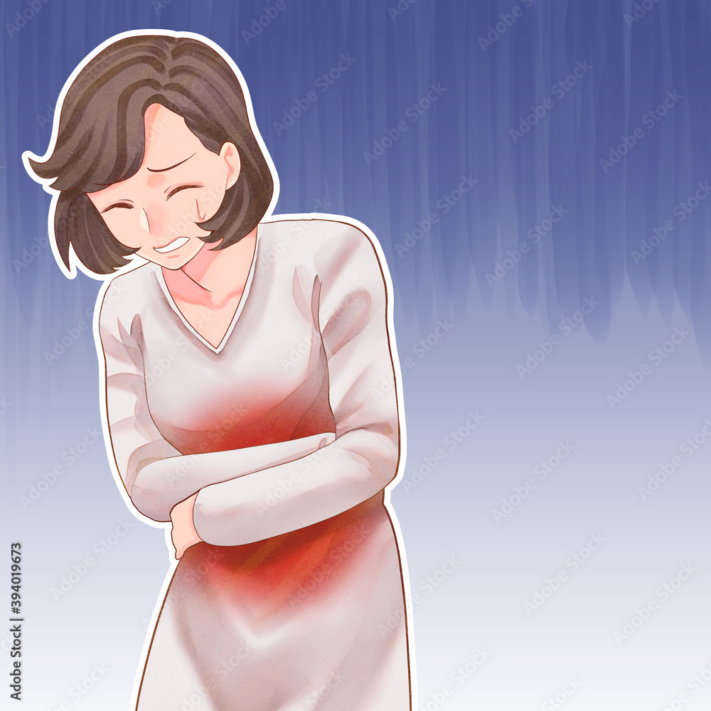 腹痛の女性のイラスト 背景付き 正方形 Stock Illustration Adobe Stock