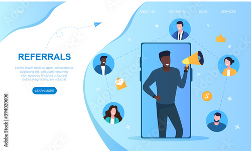 Business referrals. Abstract concept of business development, connecting employees and partners for better work. Webpage, webdsite, landing page template or layout