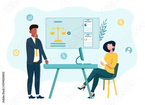 Resource allocation of people and projects. Concept of organizing employees and their projects for company. Business strategies for more profit and gain. Flat cartoon vector illustration