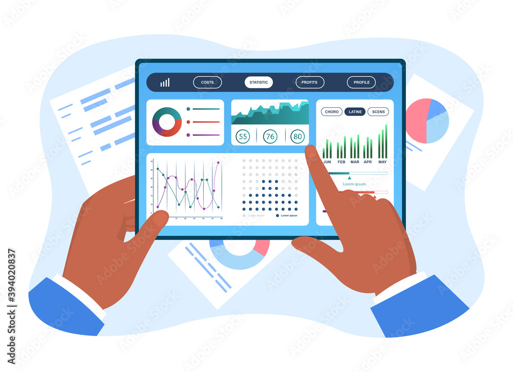 Hands holding tablet with infographics for economic statistics. Concept of digital smart managment device and web technology. Flat cartoon vector illustration Hands holding tablet with infographics for economic statistics. Concept of digital smart managment device and web technology. Flat cartoon vector illustration