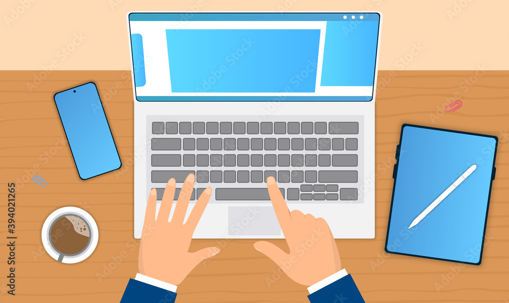 Hands typing on laptop keyboard. Top view. Concept of organizing workspace in order to maintain on highest level at work. Gadgets and coffee on wooden table. Flat cartoon vector illustration Hands typing on laptop keyboard. Top view. Concept of organizing workspace in order to maintain on highest level at work. Gadgets and coffee on wooden table. Flat cartoon vector illustration