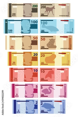 Brazilian Main Real banknotes colored.