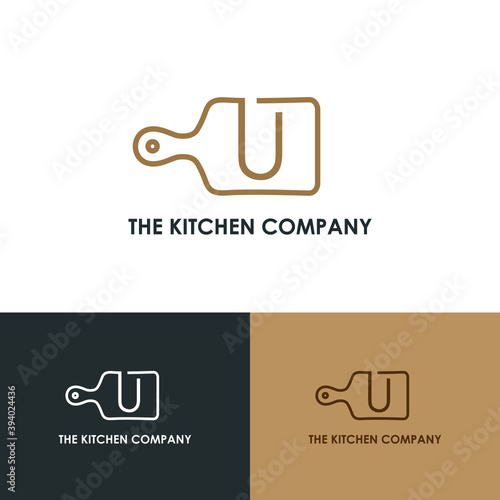 Kitchenware, Kitchen utensils business logo concept with cutting board and initial U letter template	