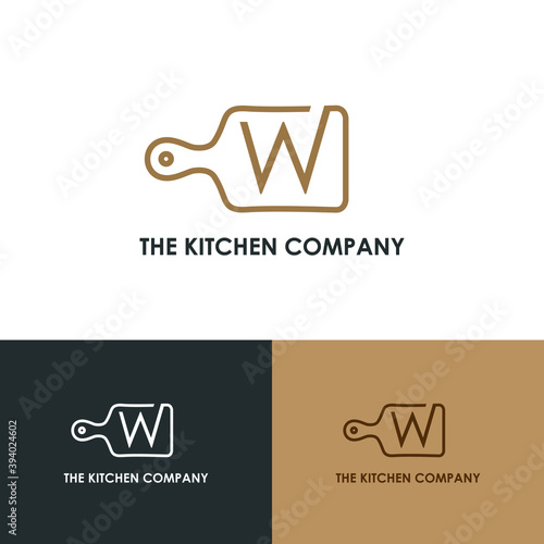 Kitchenware, Kitchen utensils business logo concept with cutting board and initial W letter template	