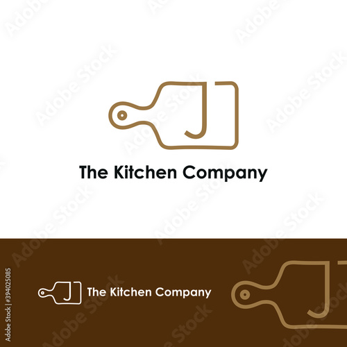 Kitchenware, Kitchen utensils business logo concept with cutting board and initial J letter template	