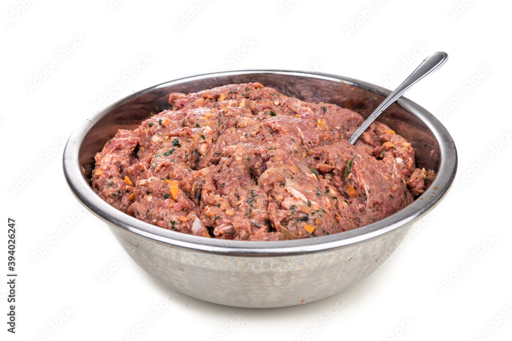 Minced preparation of barf raw food recipe for dogs consisting meat, organs, fish, eggs and vegetable Minced preparation of barf raw food recipe for dogs consisting meat, organs, fish, eggs and vegetable
