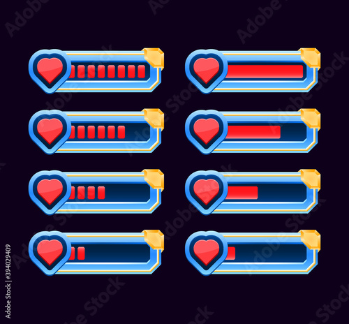 set of game ui animate from low to full indicator heart, health, and life bar for gui asset elements vector illustration