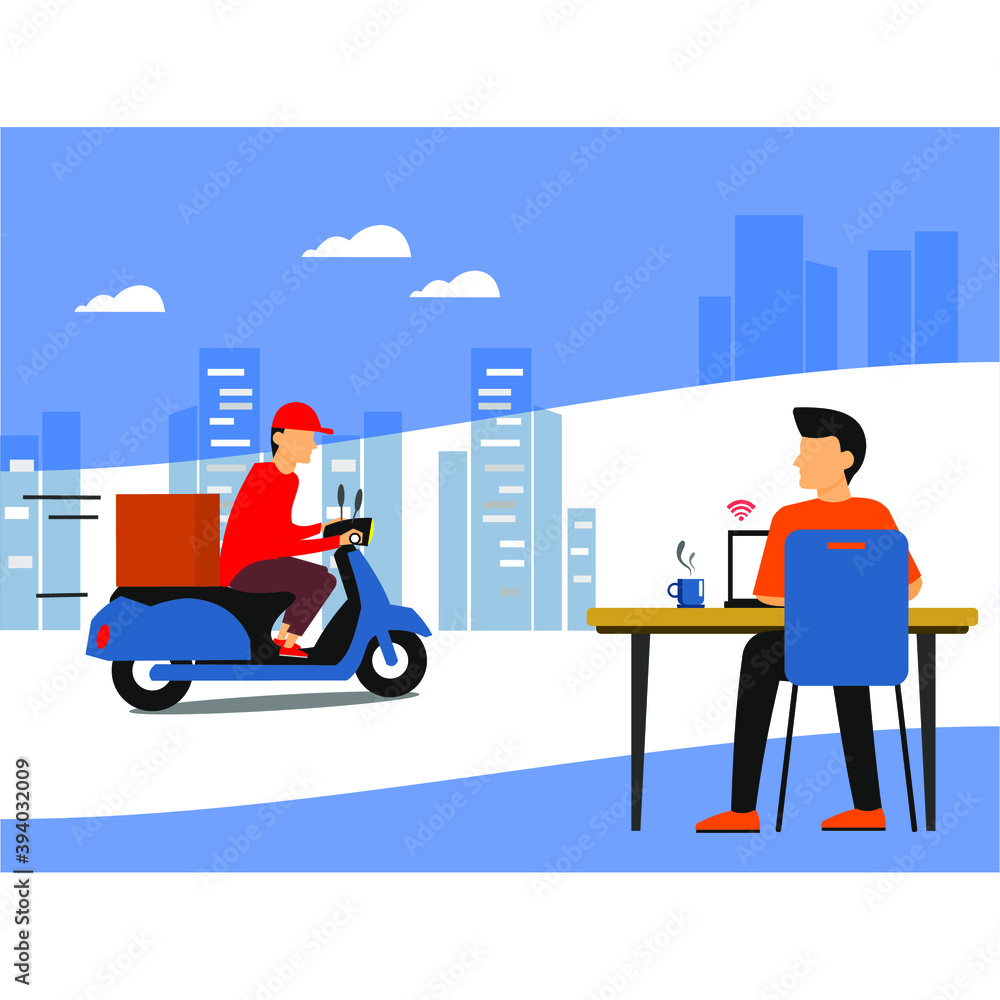 a man using a laptop and a courier next to him a man using a laptop and a courier next to him