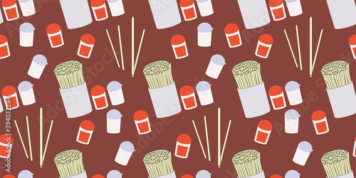 Seamless pattern of wooden chopsticks, chili powder and seasoning powder isolated on brown background. Cartoon vector food seasoning. Vector illustration EPS10.