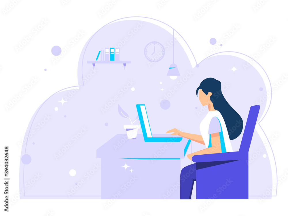 Concept of working at home. Woman with the laptop sits on the chair. Working on a laptop in her home. Flat vector illustration. Concept of working at home. Woman with the laptop sits on the chair. Working on a laptop in her home. Flat vector illustration.