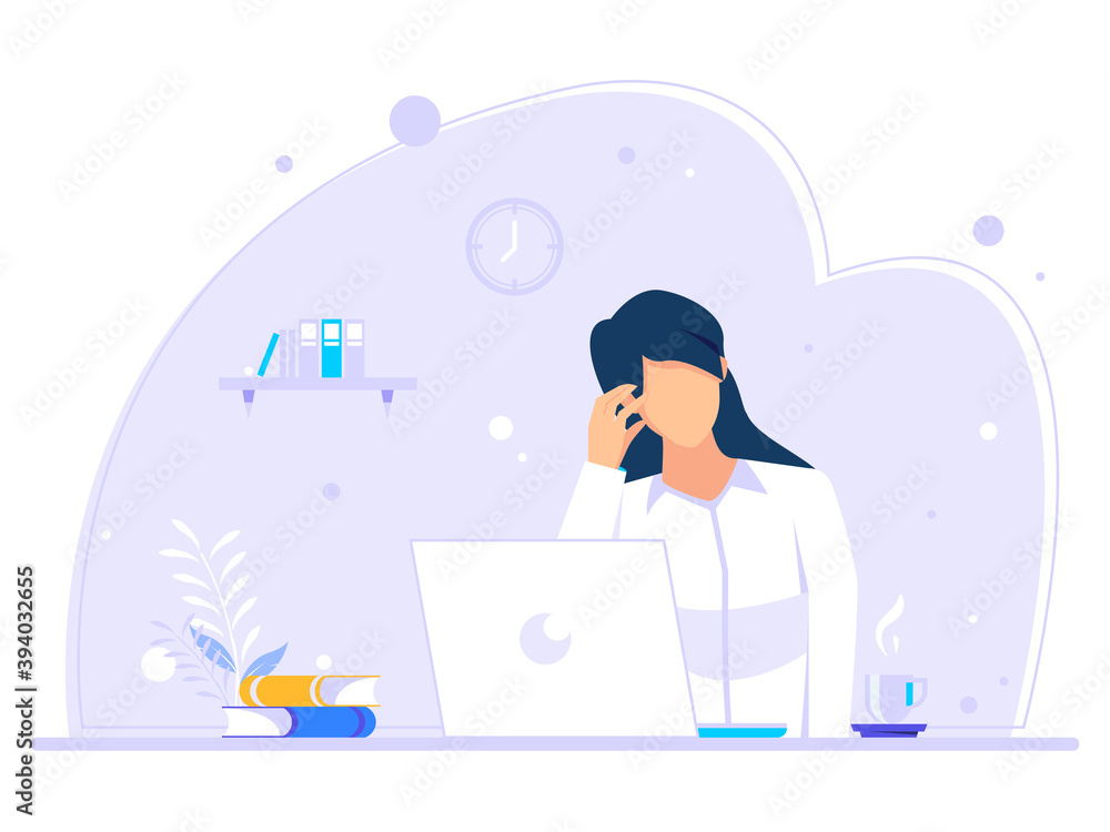 Concept of working at home. Woman is thinking by sitting in front of the laptop. Woman working on a laptop in her home. Flat vector illustration.