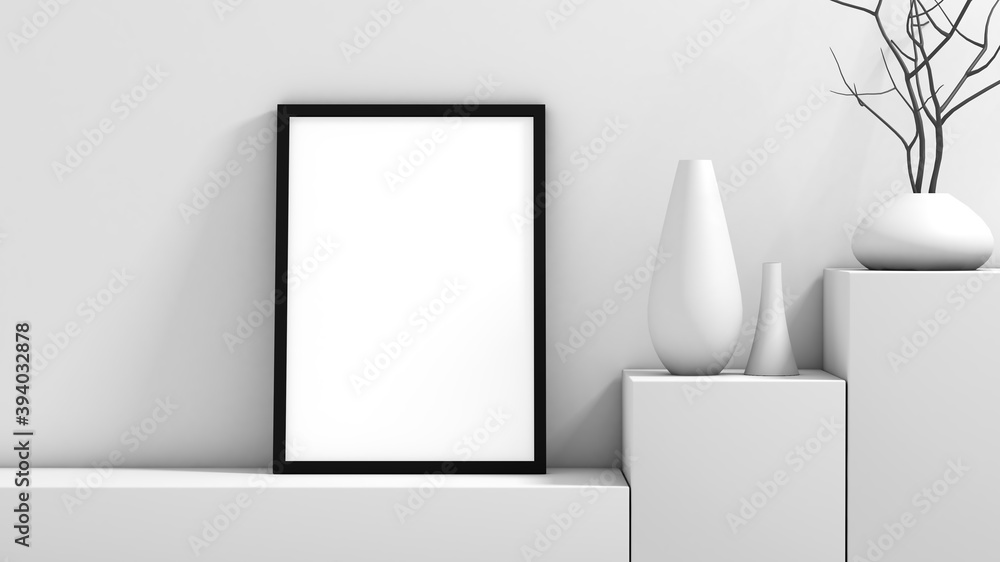 Mockup frame vertical white blank photo in modern room, 3d rendering Mockup frame vertical white blank photo in modern room, 3d rendering