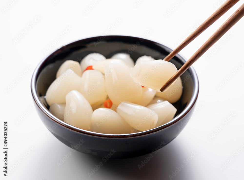 Japanese Rakkyo placed on a white background Japanese Rakkyo placed on a white background