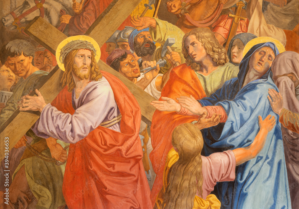 Sticker VIENNA, AUSTIRA - OCTOBER 22, 2020: The detail of fresco Veronica wipes the face of Jesus as part of Cross way station in the church of St