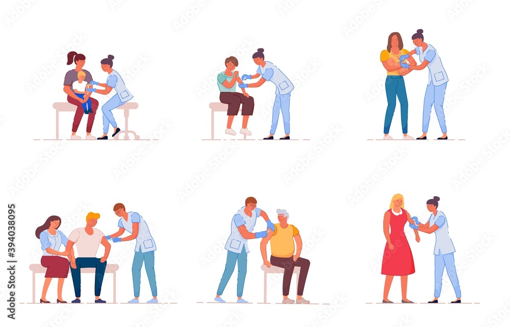 Doctor make flu vaccine injection to patient in hospital. Medic worker, patient and healthcare, medical prevention treatment and immunization vector illustration isolated on white background Doctor make flu vaccine injection to patient in hospital. Medic worker, patient and healthcare, medical prevention treatment and immunization vector illustration isolated on white background