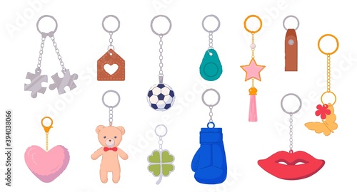 Trinket metal keychain with silver ring for key and breloque. Key holder with pendant souvenir product different shape, design and form for gift vector illustration isolated on white background