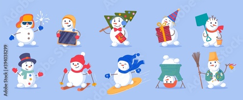 Funny snowman with holiday accessory christmas set. Cute emotional winter character enjoy different outdoor activity and party entertainment vector illustration isolated on white background