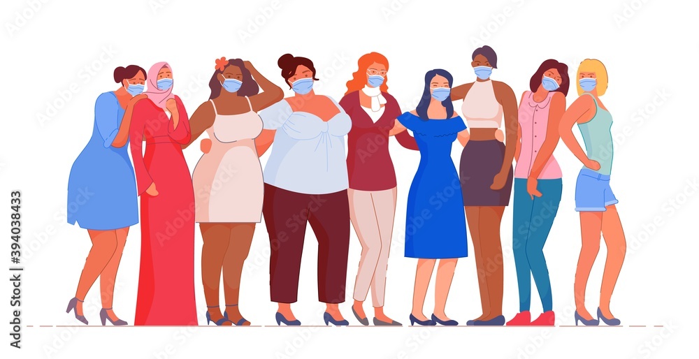 Multiethnic woman group wearing medical mask standing together. Global society unity at struggle with flu disease epidemic, coronavirus infection outbreak or air pollution vector illustration