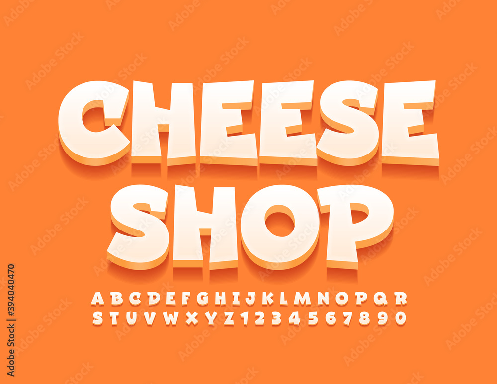 Vector stylish banner Cheeese Shop.  White Modern Font. 3D original Alphabet Letters and Numbers.