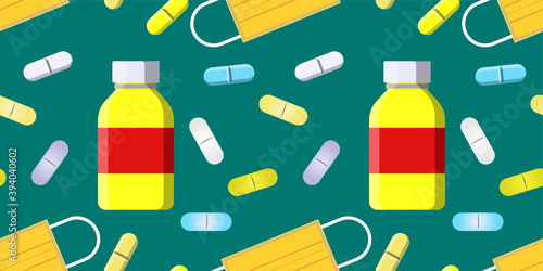 Seamless vector pattern of pill bottle, colored pills and yellow medical face masks isolated on dark background. Natural vitamin pills. Alternative medicine. Horizontal banner. vector eps10.
