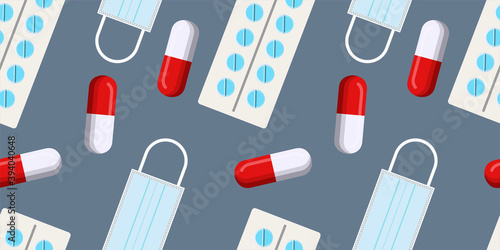 Seamless vector pattern of Red and white capsule pills, pill blister pack and medical face masks isolated on dark background. Medicine creative concepts. illustration for pharmaceutical industry.