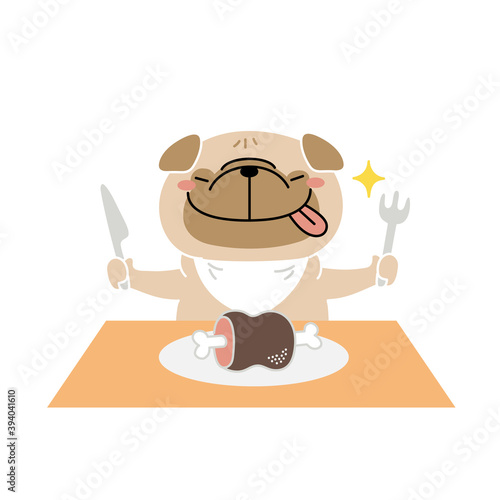 ごちそうを食べようとしているパグ犬