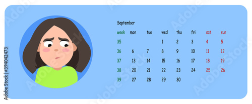 Female user profile. Calendar for the month of september 2021. A character for a screen saver with emotions. Vector illustration.