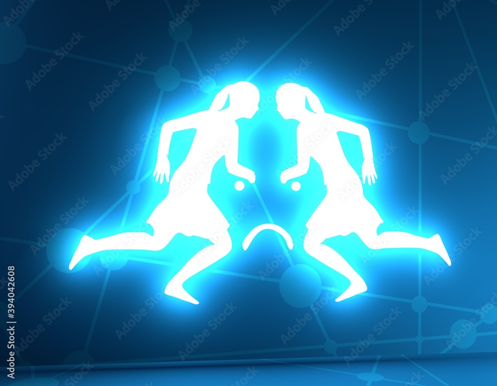 Optical illusion. Two running women make silhouette of face. 3D rendering. Neon shine