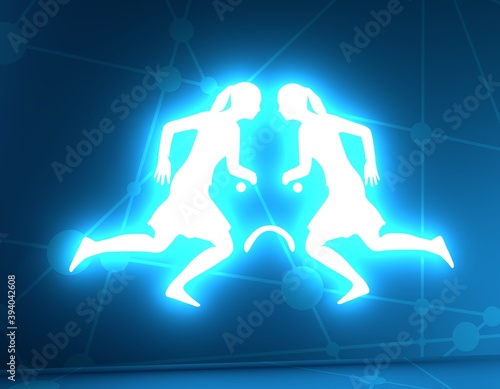 Optical illusion. Two running women make silhouette of face. 3D rendering. Neon shine © JEGAS RA