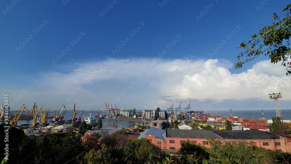 Industrial port landscape with cargo cranes and grain elevators under cloudscape