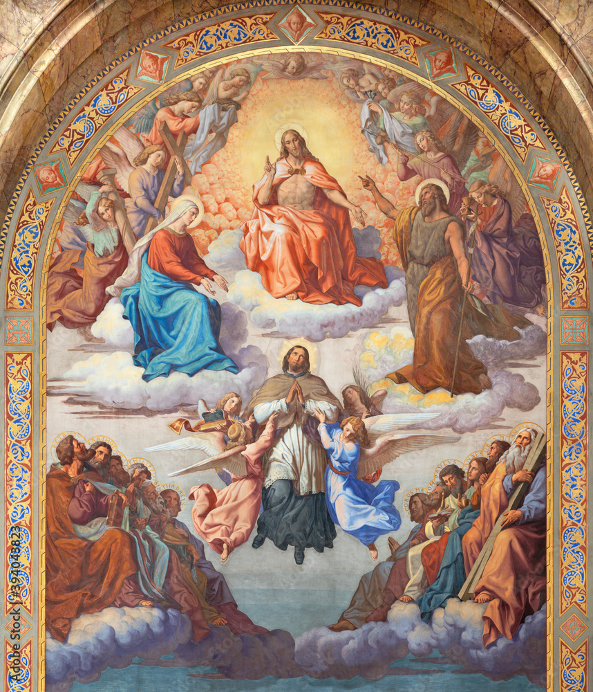VIENNA, AUSTIRA - OCTOBER 22, 2020: The fresco of Jesus and Apotheosis of St. John the Nepomuk in St. John the Nepomuk church by Leopold Kupelwieser (1841 - 1844).