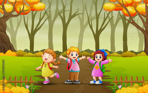 Happy kids walking in the forest path illustration