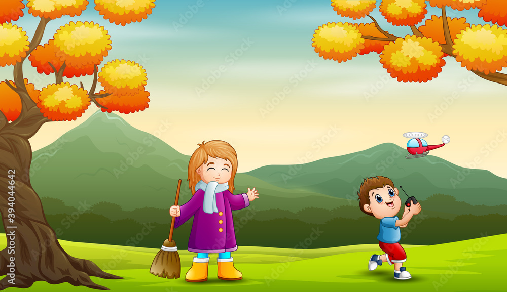 Happy kids playing outdoors illustration