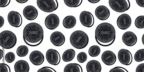 Seamless pattern of dark sandwich cookies. Easy to use in design. Pastry background. Food ornament. Baking menu decoration. Cute food texture. Vector illustration EPS10.