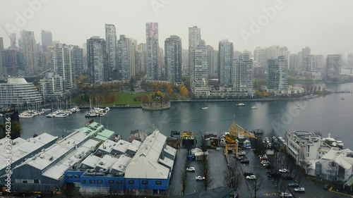 Aerial view of Vancouver downtown and part of Granville island during the rain