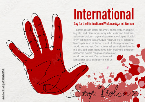 Red human hand with one line style and International day for Elimination Violence Against Women letters, example texts on red color splashing and white paper pattern background.