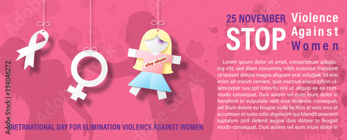 Doll girl in paper cut style with white ribbon and sign of women slogan and name of event, example texts on shadow of threatening man on paper pattern and pink background.