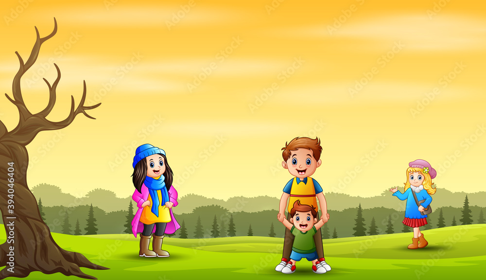 Autumn landscape background with happy family