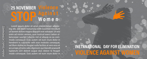 Crop of silhouette scared woman with handprint in draw line style with slogan and name of event, example texts and color splash on gray paper pattern background. Campaign poster in vector design.