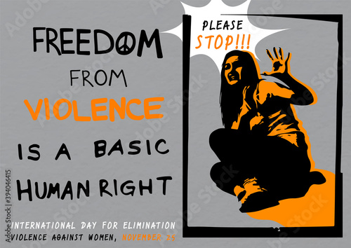 Silhouette scared woman with slogan and name of event on dark gray paper pattern background. Campaign poster of International day for the elimination of Violence Against Women in vector design