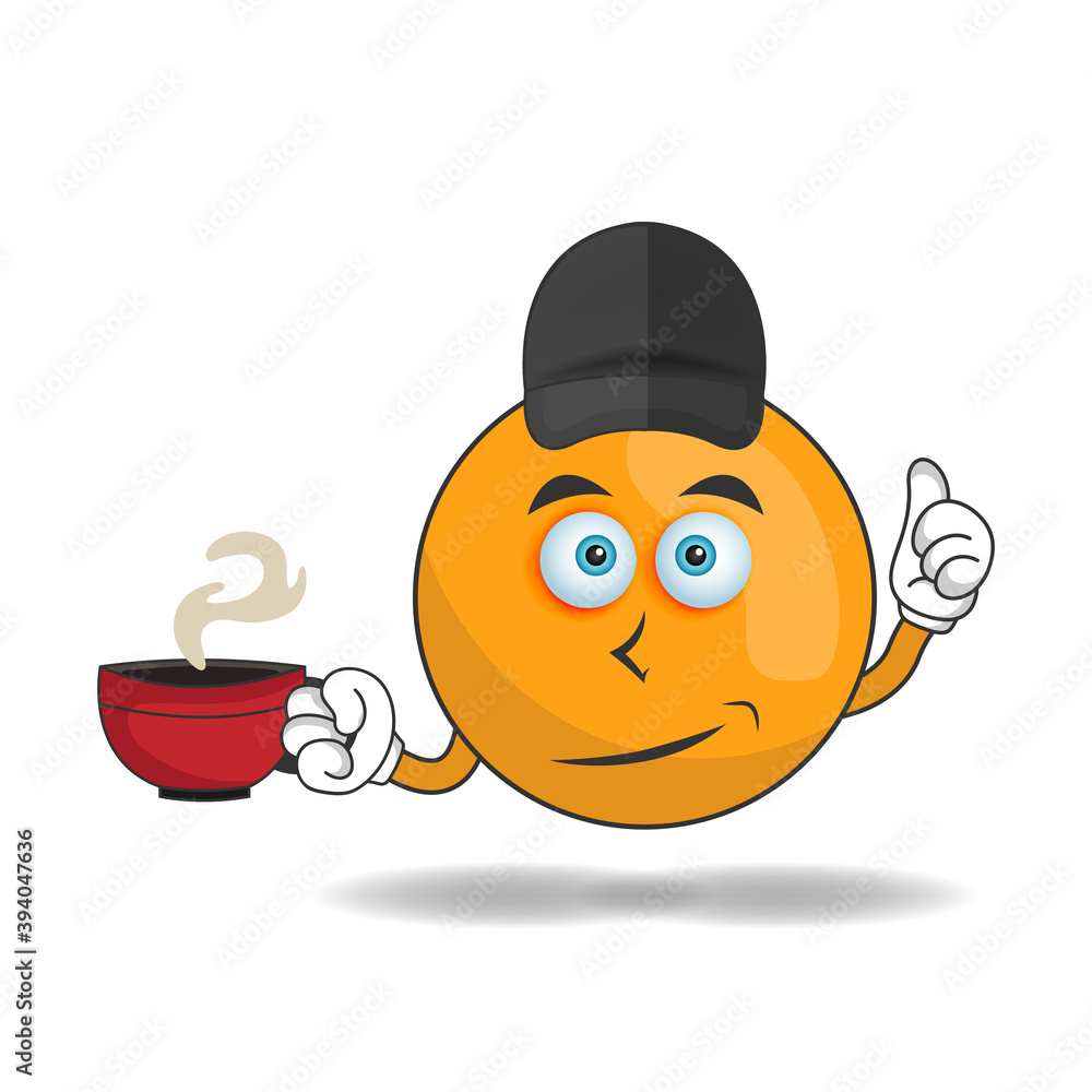 Orange mascot character holding a hot cup of coffee. vector illustration Orange mascot character holding a hot cup of coffee. vector illustration