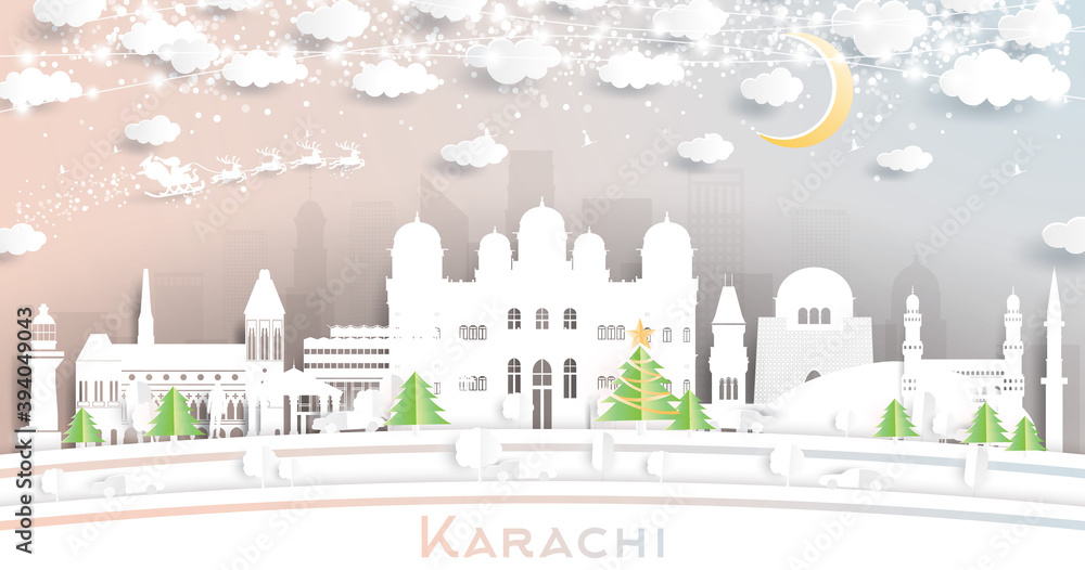 Karachi Pakistan City Skyline in Paper Cut Style with Snowflakes, Moon and Neon Garland.
