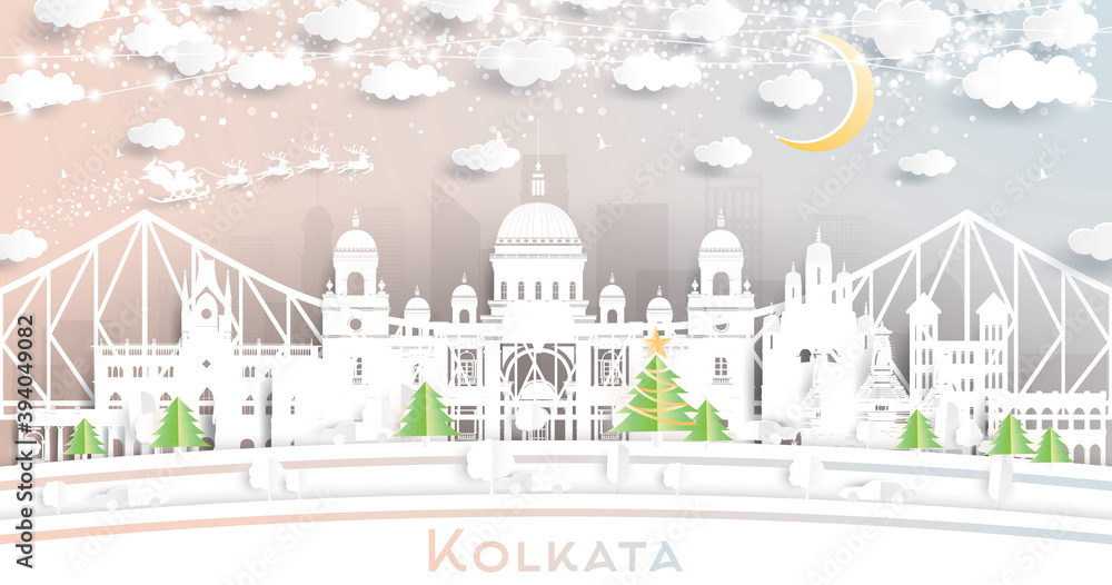 Kolkata (Calcutta) India City Skyline in Paper Cut Style with Snowflakes, Moon and Neon Garland.