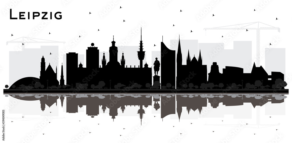 Leipzig Germany City Skyline Silhouette with Black Buildings and Reflections Isolated on White.