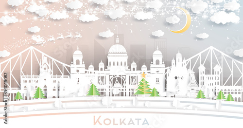 Kolkata (Calcutta) India City Skyline in Paper Cut Style with Snowflakes, Moon and Neon Garland.